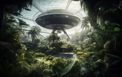 A photograph showcasing an alien spacecrafts botanical gar