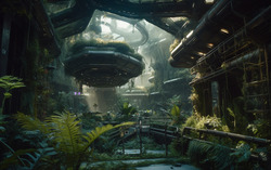 A photograph showcasing an alien spacecrafts botanical gar