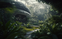 A photograph showcasing an alien spacecrafts botanical gar