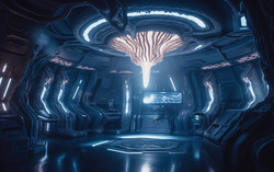 Alien spaceship room. Intricate futuristic details. Nikon 